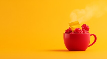 Red mug containing raspberries with steaming tea bag on yellow background, concept of fruit tea, health, wellness, beverage