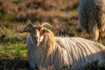 Naklejka premium Sheep with Long Horns in a Sunny Meadow