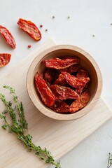 Sun-dried tomatoes in close-up view, showing detailed texture and vibrant red color, perfect for culinary and organic food themes.
