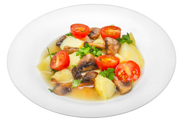 Boiled potatoes with mushrooms and tomatoes. Isolated over white background