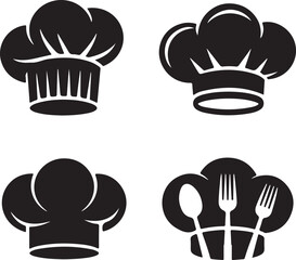 Chef hats silhouette set tall toque, side view, stylized chef icon, spoon, fork, black culinary clipart
