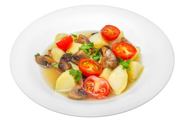 Boiled potatoes with mushrooms and tomatoes. Isolated over white background