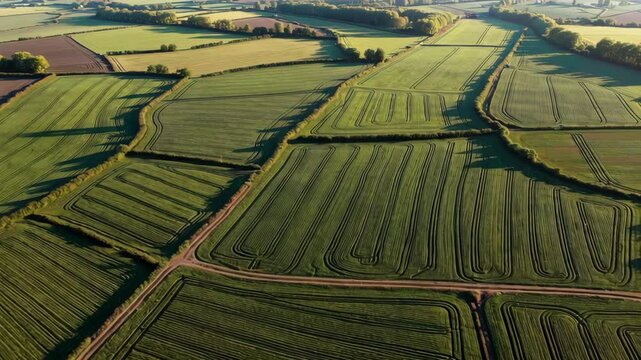 Aerial view of verdant patchwork fields at sunset with rolling hills in the distance