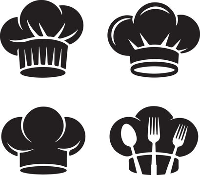 Chef hats silhouette set tall toque, side view, stylized chef icon, spoon, fork, black culinary clipart
