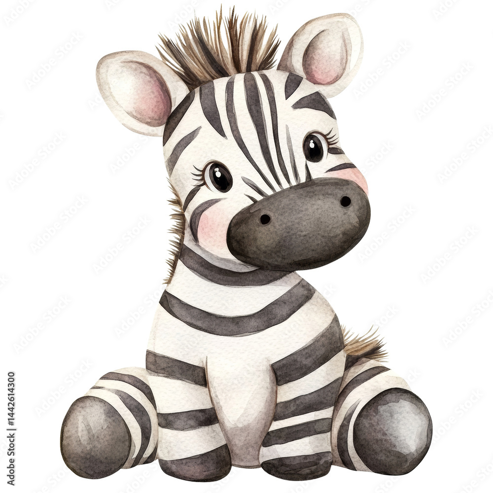 Poster charming watercolor illustration of a whimsical zebra foal with transparent isolation for creative p