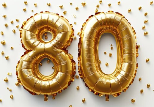 Gold balloons forming the number eighty.  Celebration of 80th birthday, anniversary or other milestone.  Shiny, festive, celebratory decorations