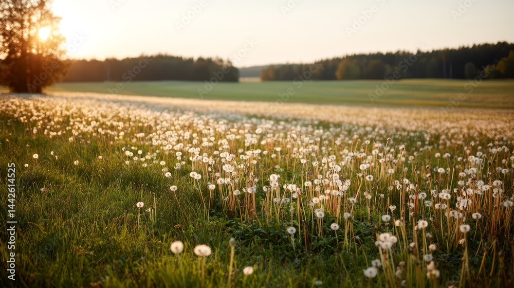 Poster Sunlight bathes a vast dandelion field, creating a golden haze in the background while soft focus enhances the sense of calm and spaciousness present at dusk