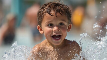 Obraz premium A cheerful young boy delightedly splashes in a sparkling pool on a warm summer day, surrounded by laughter, playing friends, and a vibrant atmosphere of joy and excitement
