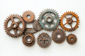 A collection of old, rusted gears are arranged in a row. Concept of nostalgia and history, as these gears have likely been used for many years and have weathered the test of time