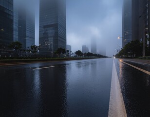 Misty Rainy Morning in a Modern City with Wet Asphalt and Skyscrapers