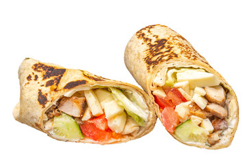 Tortilla with chicken and vegetables isolated on a white background.