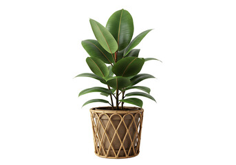 Elegant rubber plant growing in a woven planter, isolated against a white background