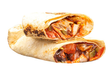 Tortilla wrap with chicken and vegetables isolated on white background.