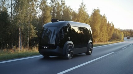 Fototapeta premium Futuristic Autonomous Delivery Vehicle on Road in Scenic Countryside