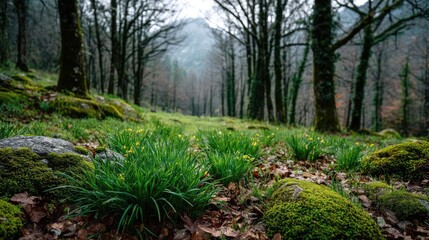 Obraz premium Green moss with relax mood in green forest concept. Lush green forest floor with mossy stones.
