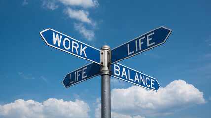 Blue directional signpost against a partly cloudy sky indicating Work Life and Balance with conflicting directions.