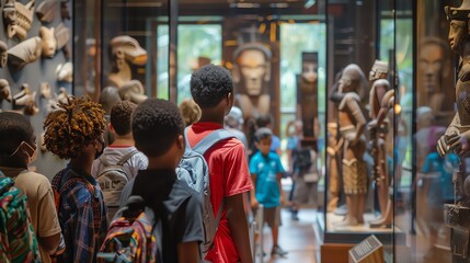 Obraz premium Curious kids explore a natural history museum, mesmerized by a towering dinosaur skeleton.