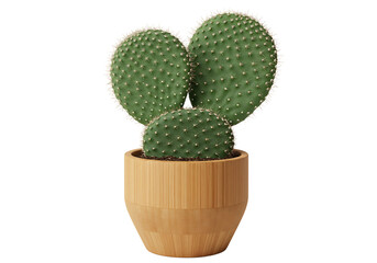 Green prickly pear cactus in wooden pot, minimalist isolated presentation