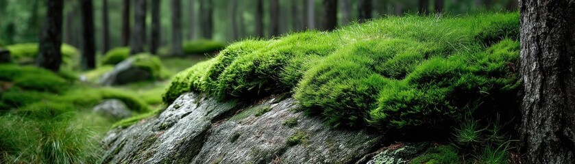 Green moss with relax mood in green forest concept. Lush green moss covering a rocky surface.