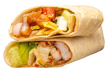 tortilla wrap with chicken and vegetables isolated on a white background
