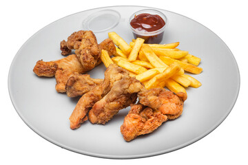 Fried chicken wings with french fries and ketchup. Isolated over white background