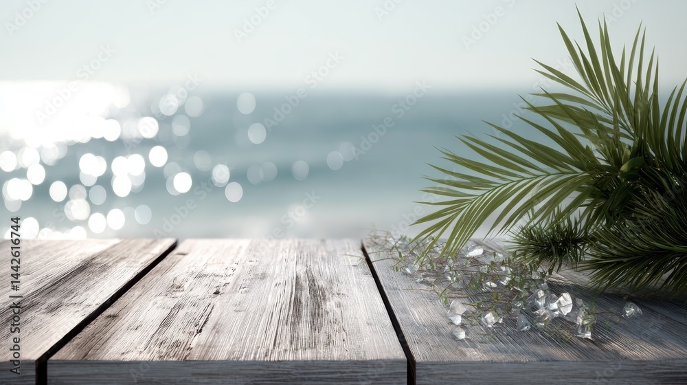 Poster a rustic wooden tabletop showcases tropical ocean waves and palm fronds in the background, enhanced 