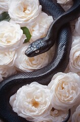 Elegant black snake among white roses.