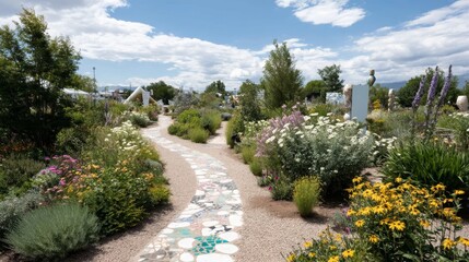 Obraz premium Explore a charming garden filled with colorful mosaic tiles, vibrant flowers, and whimsical sculptures, inviting a captivating outdoor experience on a sunny day