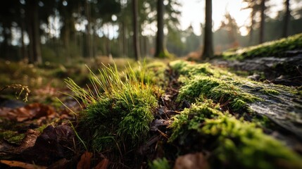 Fototapeta premium Green moss with relax mood in green forest concept. Lush moss covering forest floor in sunlight.
