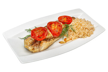 Baked fish with rice and tomatoes. Isolated over white background