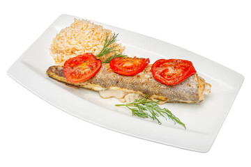 Baked fish with rice and tomatoes. Isolated over white background