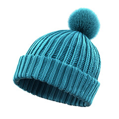 Teal knitted beanie hat with fluffy pompom winter fashion accessory