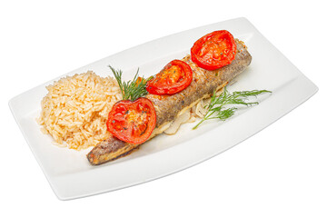 Baked fish with rice and tomatoes. Isolated over white background