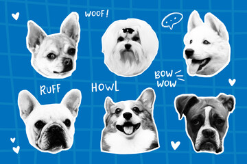 Dog faces collage set in halftone style. Retro Vibe and Urban Aesthetic. Trendy Digital Art Concepts. Grunge punk collection. Dotted pop art style. Y2k collage design