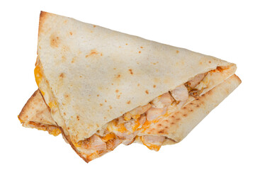 Pita bread with chicken and cheese isolated on a white background.