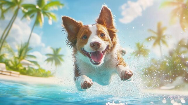 Joyful dog jumping and splashing in the water at a tropical beach. Playful pet enjoying summer vacation. Fun and active animal outdoors for travel and recreation.