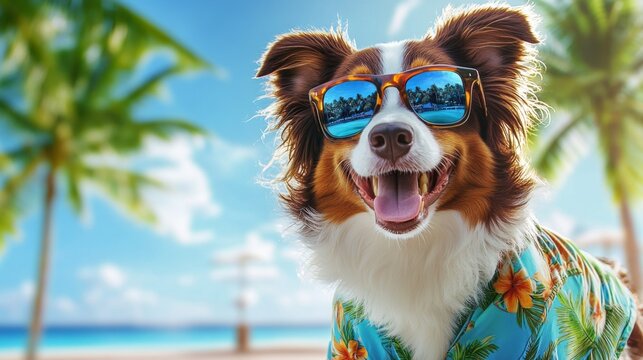 Fototapeta Dog wearing sunglasses and hawaiian shirt on tropical beach. Cute pet enjoy summer vacation holiday. Funny animal ready for travel adventure concept background.