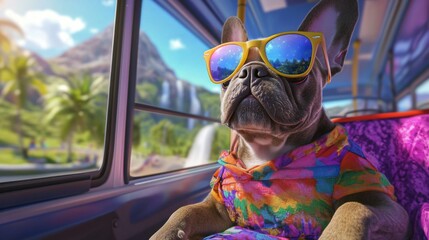 French bulldog dog wearing sunglasses and colorful shirt looking out bus window at tropical mountain landscape and waterfall on summer vacation tour.