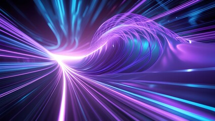 Obraz premium 3d render with a tunnel of neon purple pink stripes abstract purple background with rays