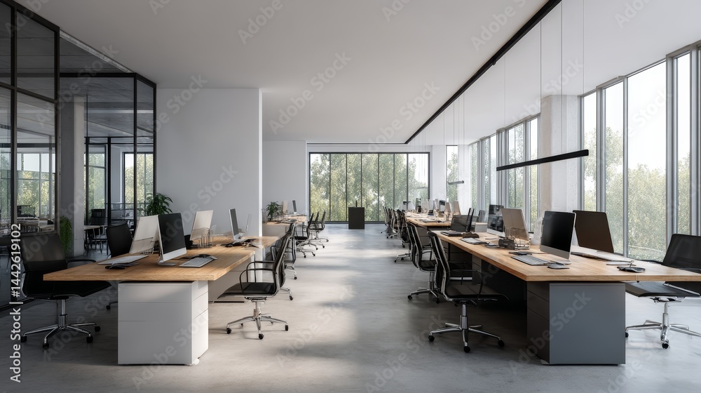 Poster bright daylight flows through large windows of a contemporary open-plan office, showcasing sleek fur