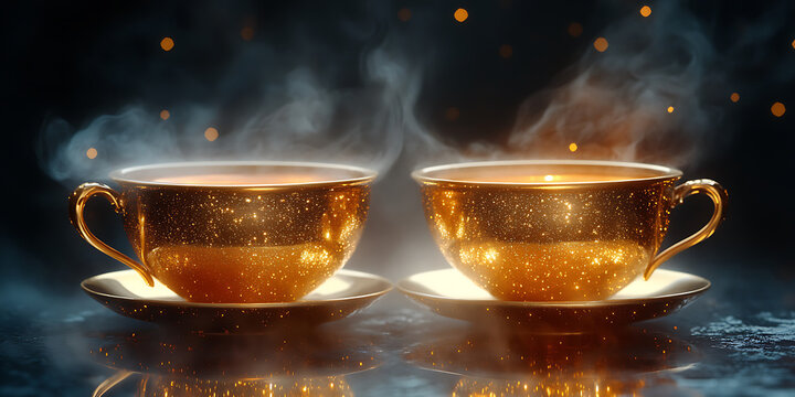 Golden luxury two steaming tea cups with plates isolated on a dark background showing reflected light sparkles with bokeh and golden tones in the air