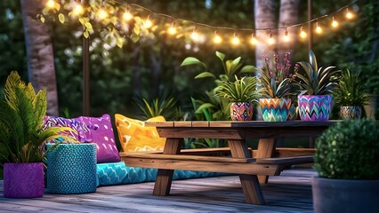 Obraz premium A cozy outdoor seating area with colorful cushions, potted plants, and string lights, set among greenery. Concept Cozy Outdoor Seating, Colorful Cushions, Potted Plants, String Lights, Lush Greenery