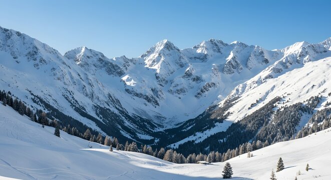 A scenic view of snow covered mountains and trees under a clear blue sky on a bright sunny day outdoors