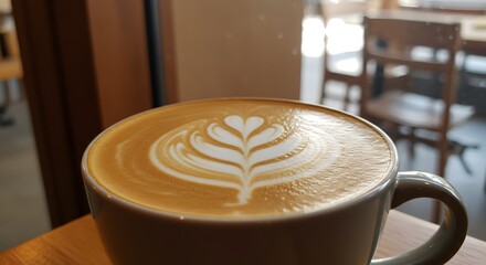 Close up of a latte with latte art in a gray mug on a wooden table near a window with chairs