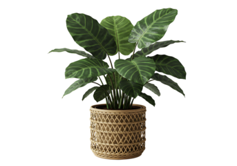 Lush zebra plant in woven pot showcases simplistic contemporary aesthetics