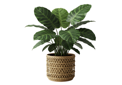 Lush zebra plant in woven pot showcases simplistic contemporary aesthetics