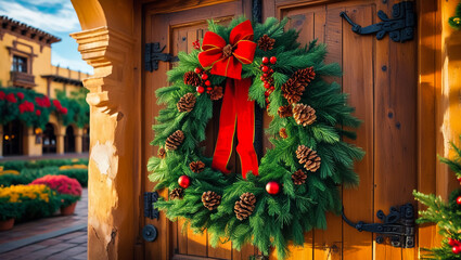 Closeup of Christmas Wreath with Red Berries – Festive Holiday Decoration