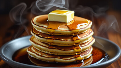 Delicious Stacked Pancakes with Fresh Berries and Syrup – Angled Food Photography
