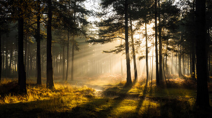 Naklejka premium Forest with golden sunlight breaking through mist