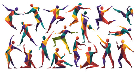 Geometric figures in dynamic poses colorful polygonal design abstract human forms